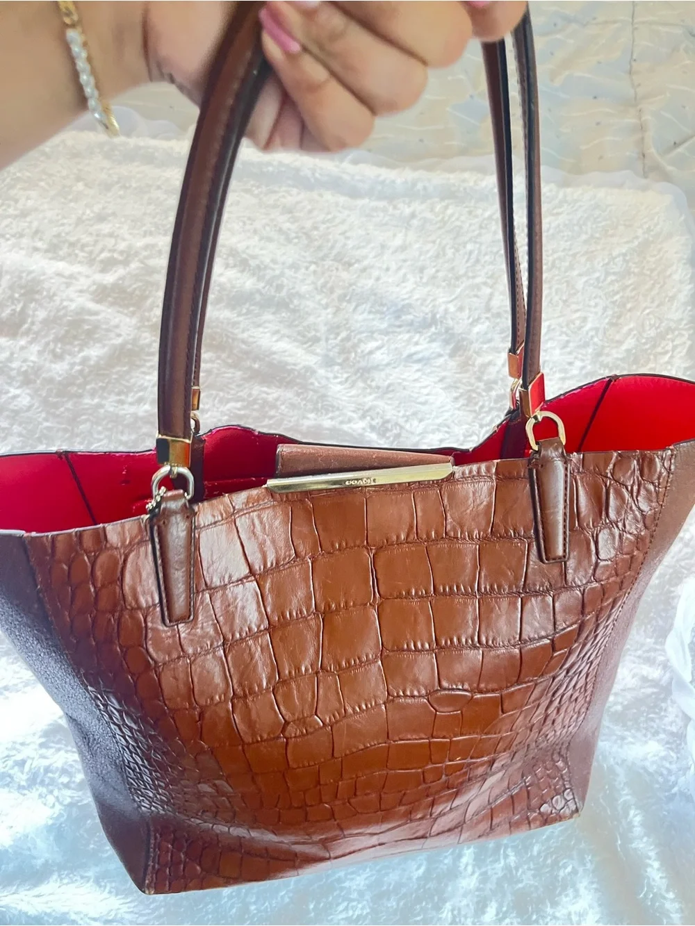 Coach Croc-Embossed Leather Tote in Cognac Brown - Picture 9 of 13